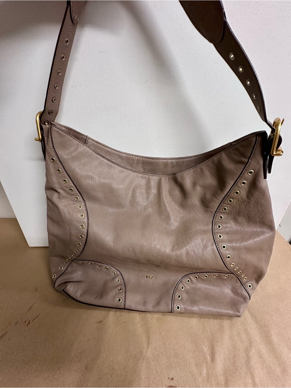 Ralph Lauren Taupe Leather Shoulder Hobo with Brass Studs